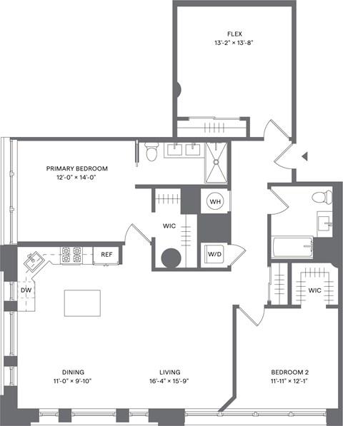 Floor plan for 2 beds, 2 baths, 1462 sqft